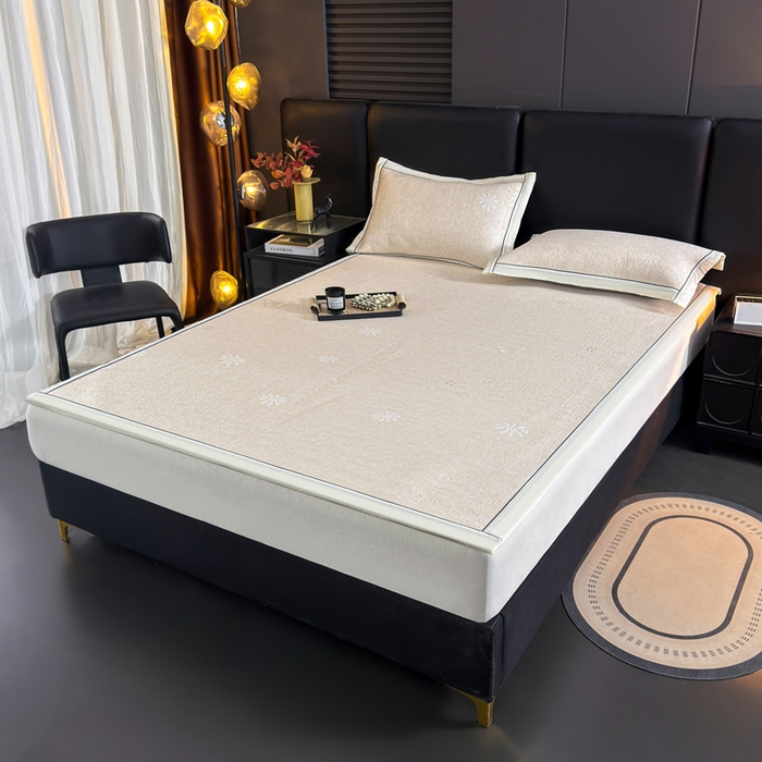 91家纺网 家纺一手货源 找家纺 牵梦萦家纺 2026新款立体浮雕压花工艺豆豆凉席三件套-平铺款 彩蝶-白