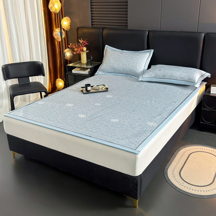 91家纺网 家纺一手货源 找家纺 牵梦萦家纺 2026新款立体浮雕压花工艺豆豆凉席三件套-平铺款 彩蝶-蓝