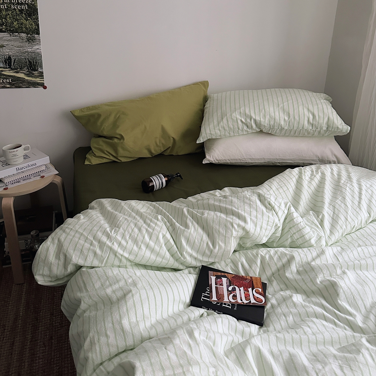 91家纺网 家纺一手货源 找家纺 柚可家居 2025新款全棉色织水洗棉四件套-绿鸭湖 绿鸭湖（枕套绿条纹+抹茶绿）