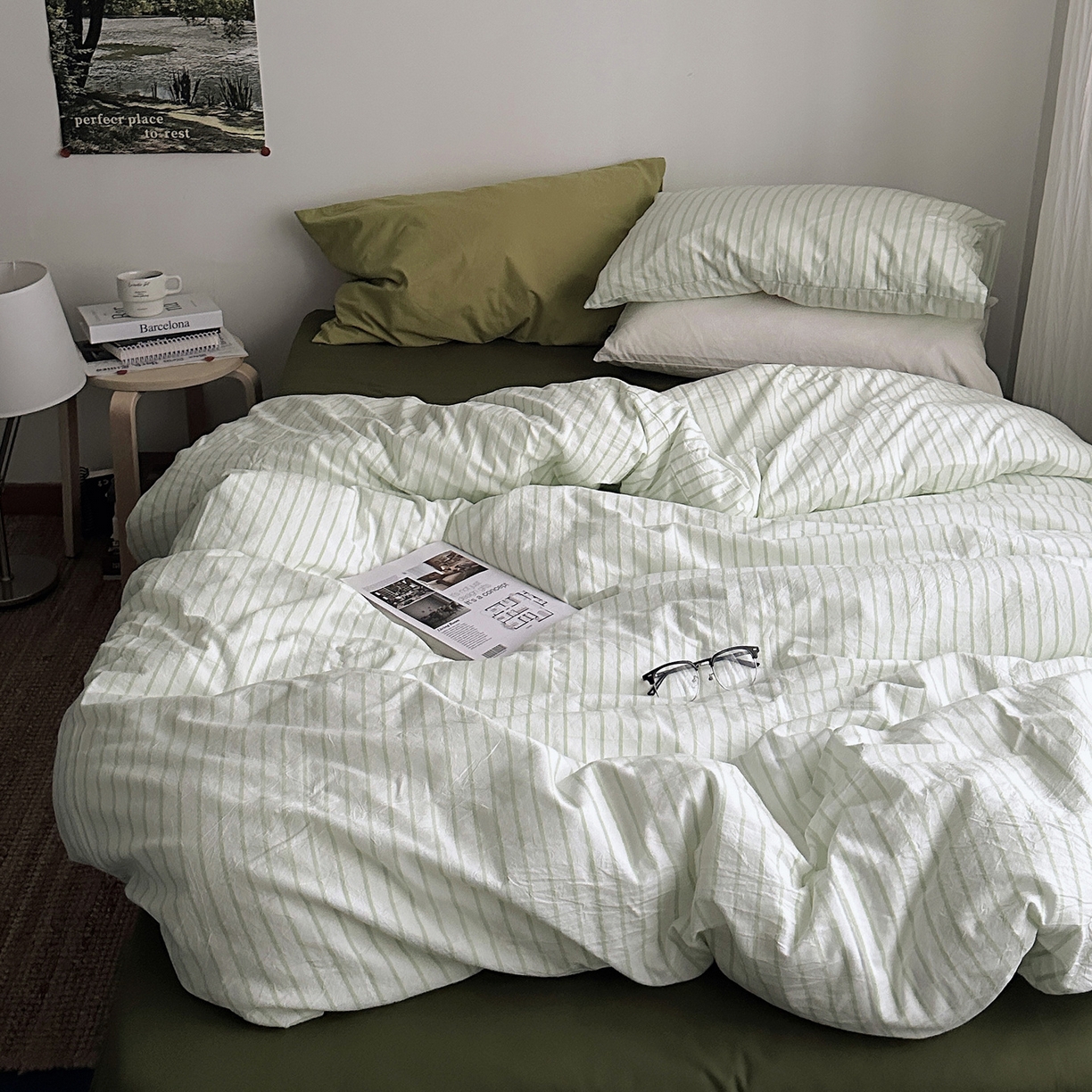 91家纺网 家纺一手货源 找家纺 柚可家居 2025新款全棉色织水洗棉四件套-绿鸭湖 绿鸭湖（枕套绿条纹+抹茶绿）