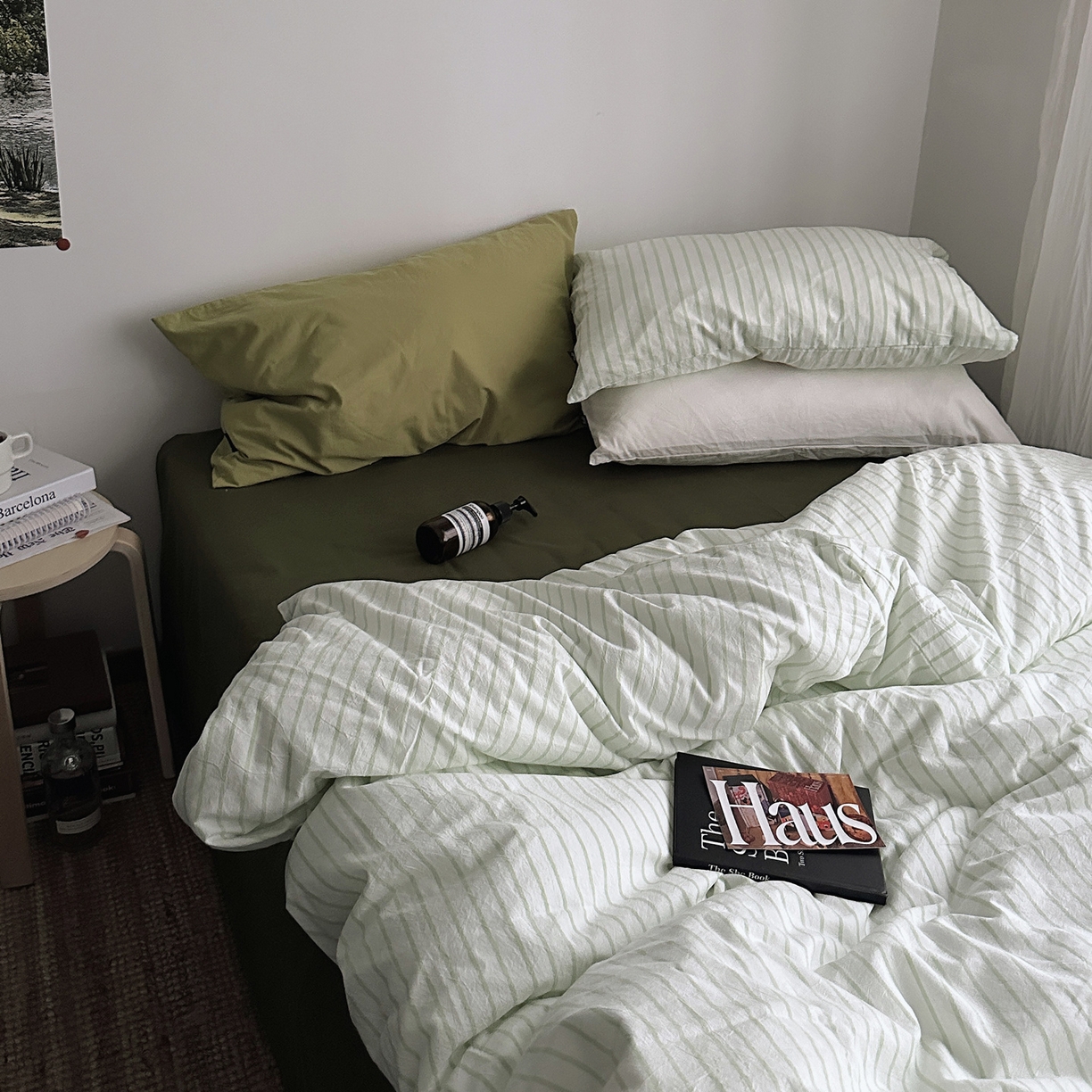 91家纺网 家纺一手货源 找家纺 柚可家居 2025新款全棉色织水洗棉四件套-绿鸭湖 绿鸭湖（枕套绿条纹+抹茶绿）