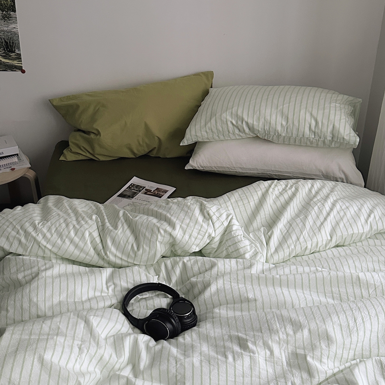 91家纺网 家纺一手货源 找家纺 柚可家居 2025新款全棉色织水洗棉四件套-绿鸭湖 绿鸭湖（枕套绿条纹+抹茶绿）