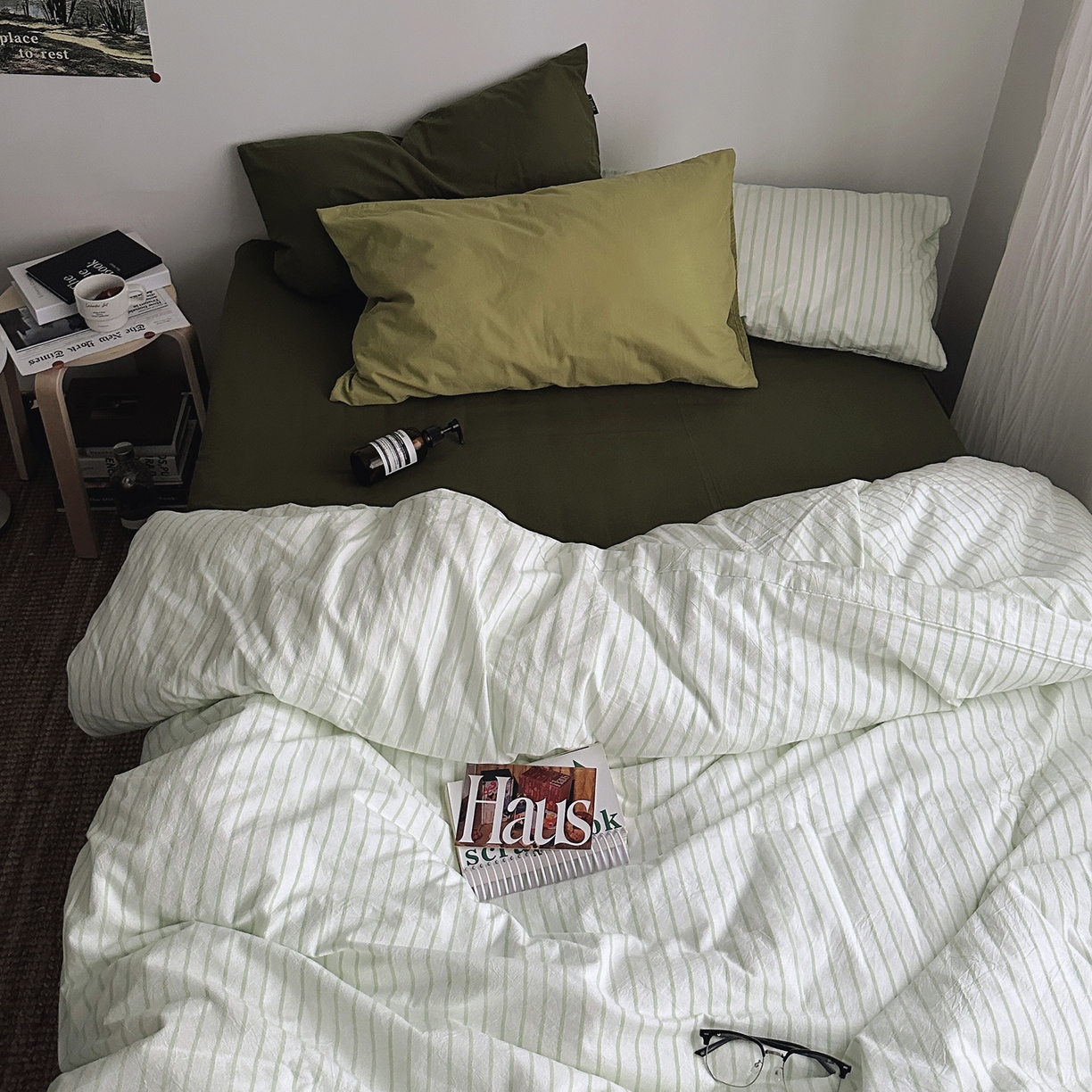 91家纺网 家纺一手货源 找家纺 柚可家居 2025新款全棉色织水洗棉四件套-绿鸭湖 绿鸭湖（枕套抹茶绿+橄榄绿）