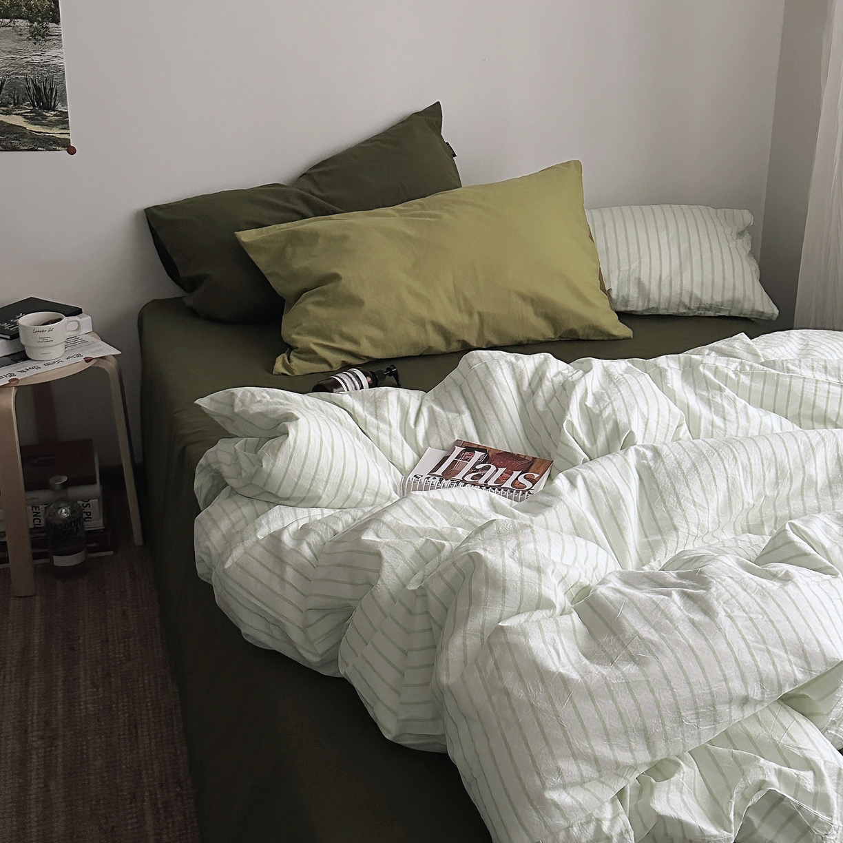 91家纺网 家纺一手货源 找家纺 柚可家居 2025新款全棉色织水洗棉四件套-绿鸭湖 绿鸭湖（枕套抹茶绿+橄榄绿）