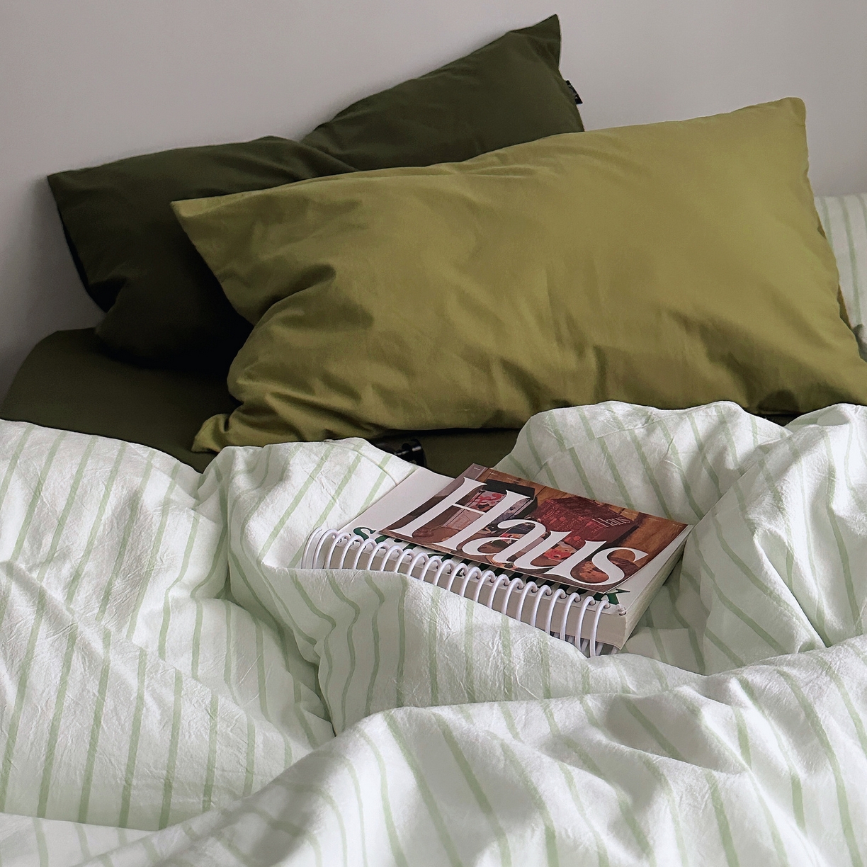 91家纺网 家纺一手货源 找家纺 柚可家居 2025新款全棉色织水洗棉四件套-绿鸭湖 绿鸭湖（枕套抹茶绿+橄榄绿）