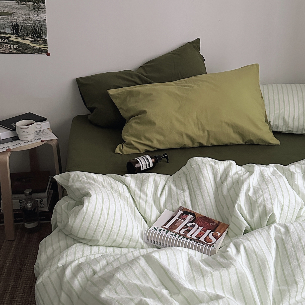 91家纺网 家纺一手货源 找家纺 柚可家居 2025新款全棉色织水洗棉四件套-绿鸭湖 绿鸭湖（枕套抹茶绿+橄榄绿）