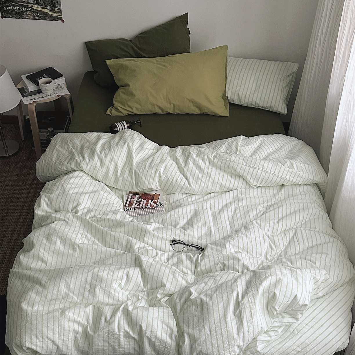 91家纺网 家纺一手货源 找家纺 柚可家居 2025新款全棉色织水洗棉四件套-绿鸭湖 绿鸭湖（枕套抹茶绿+橄榄绿）