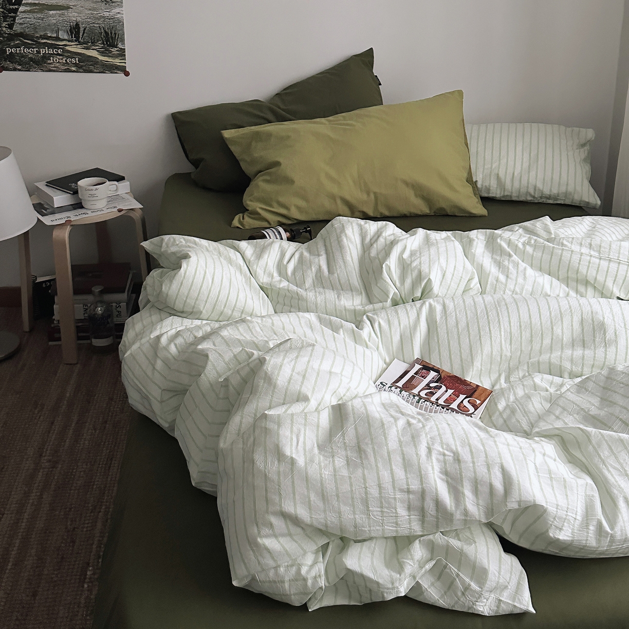 91家纺网 家纺一手货源 找家纺 柚可家居 2025新款全棉色织水洗棉四件套-绿鸭湖 绿鸭湖（枕套抹茶绿+橄榄绿）