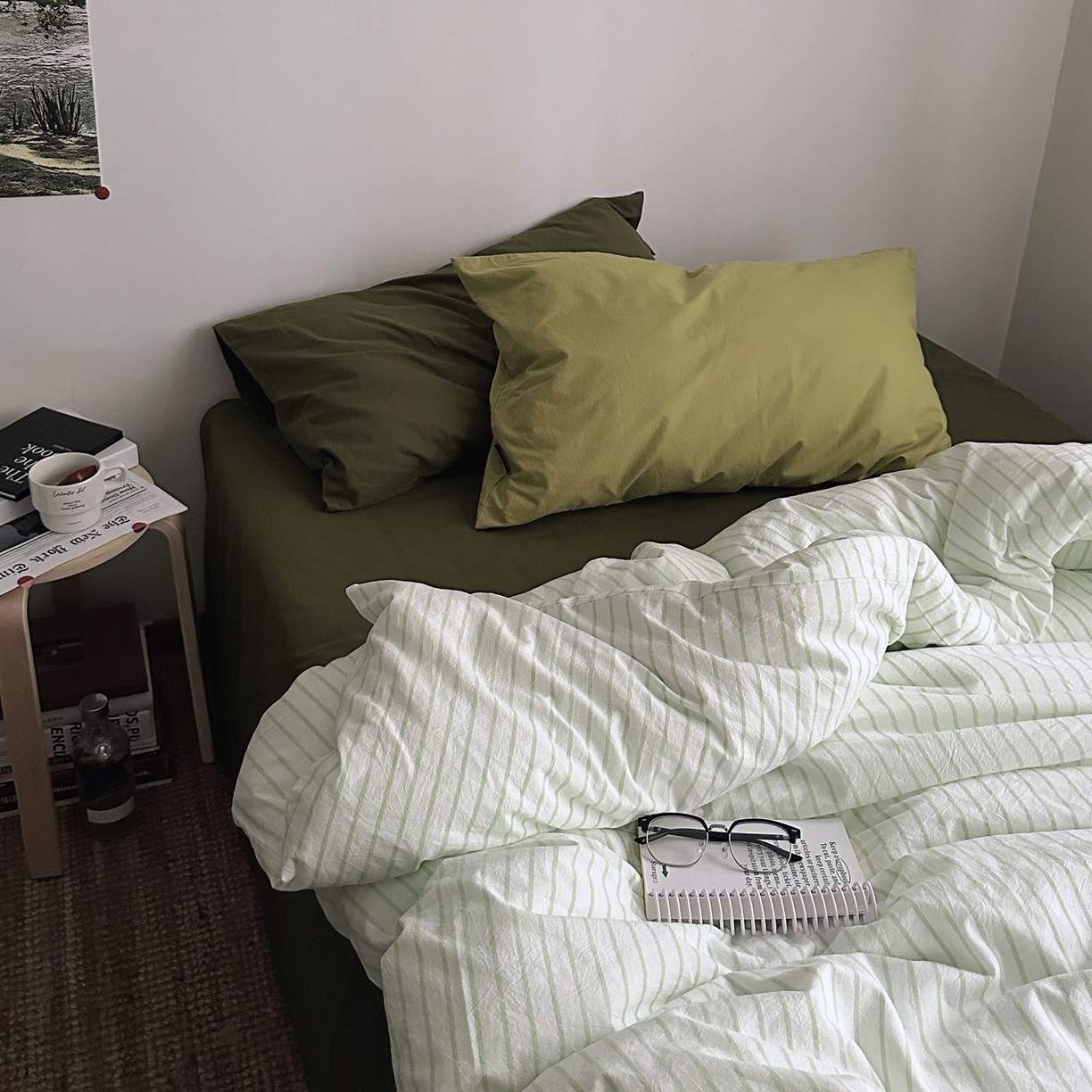 柚可家居 2025新款全棉色织水洗棉四件套-绿鸭湖 绿鸭湖（枕套抹茶绿+橄榄绿）