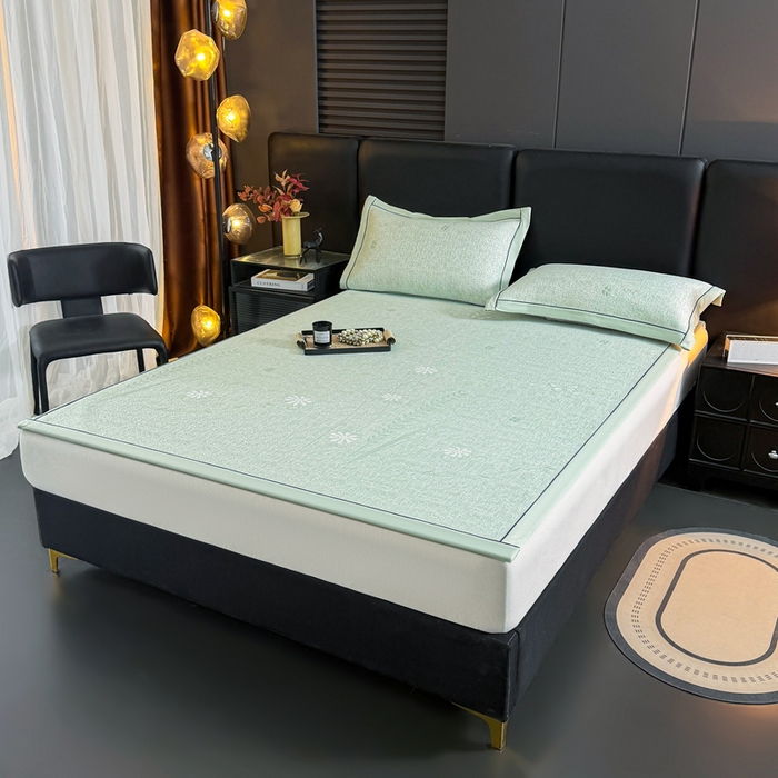 91家纺网 家纺一手货源 找家纺 牵梦萦家纺 2026新款立体浮雕压花工艺豆豆凉席三件套-平铺款 彩蝶-青