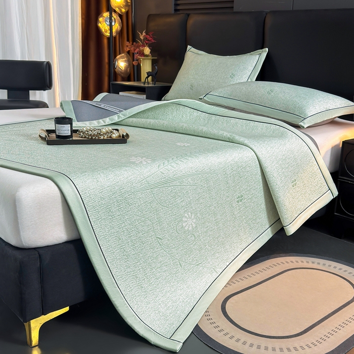 91家纺网 家纺一手货源 找家纺 牵梦萦家纺 2026新款立体浮雕压花工艺豆豆凉席三件套-平铺款 彩蝶-青