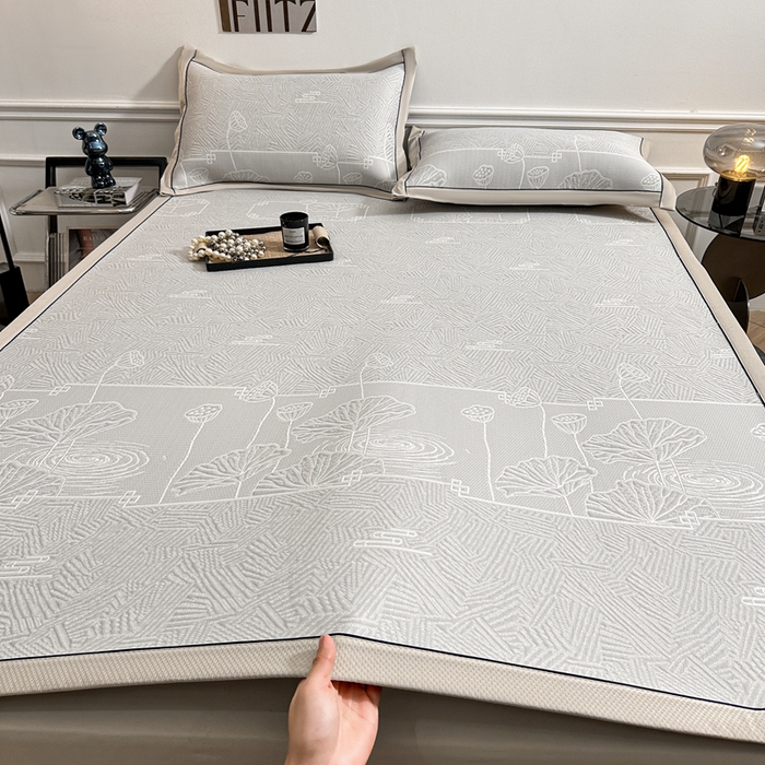 牵梦萦家纺 2026新款立体浮雕压花工艺豆豆凉席三件套-平铺款 荷塘月色-灰