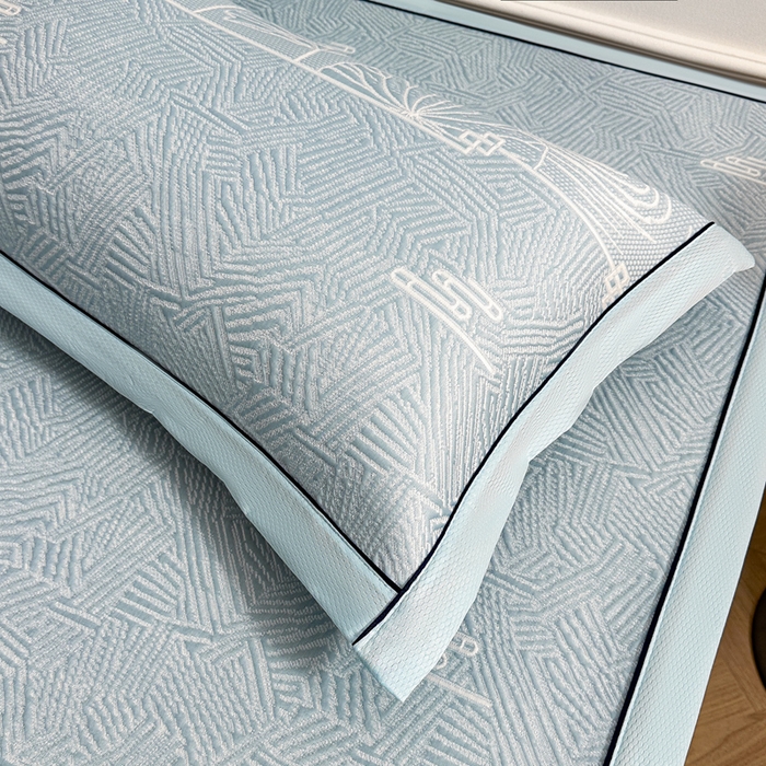 91家纺网 家纺一手货源 找家纺 牵梦萦家纺 2026新款立体浮雕压花工艺豆豆凉席三件套-平铺款 荷塘月色-蓝