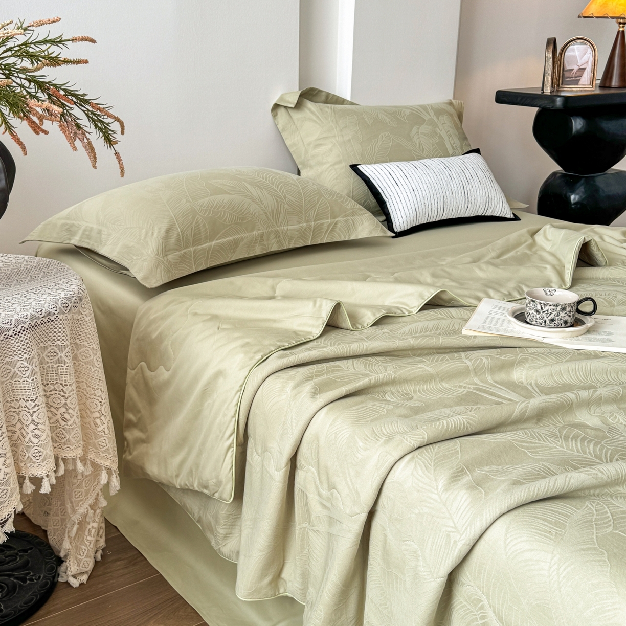 宜家坊 2026春夏新款全棉60S长绒棉立体厚织提花夏被四件套 焦野-奶绿