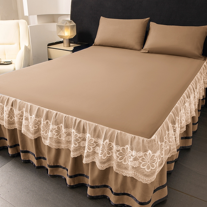 91家纺网 家纺一手货源 找家纺 米瑞娜 2026新款磨毛双层蕾丝花边床裙跨境全尺寸系列 卡其