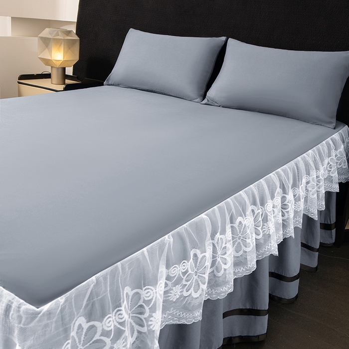 91家纺网 家纺一手货源 找家纺 米瑞娜 2026新款磨毛双层蕾丝花边床裙跨境全尺寸系列 银灰