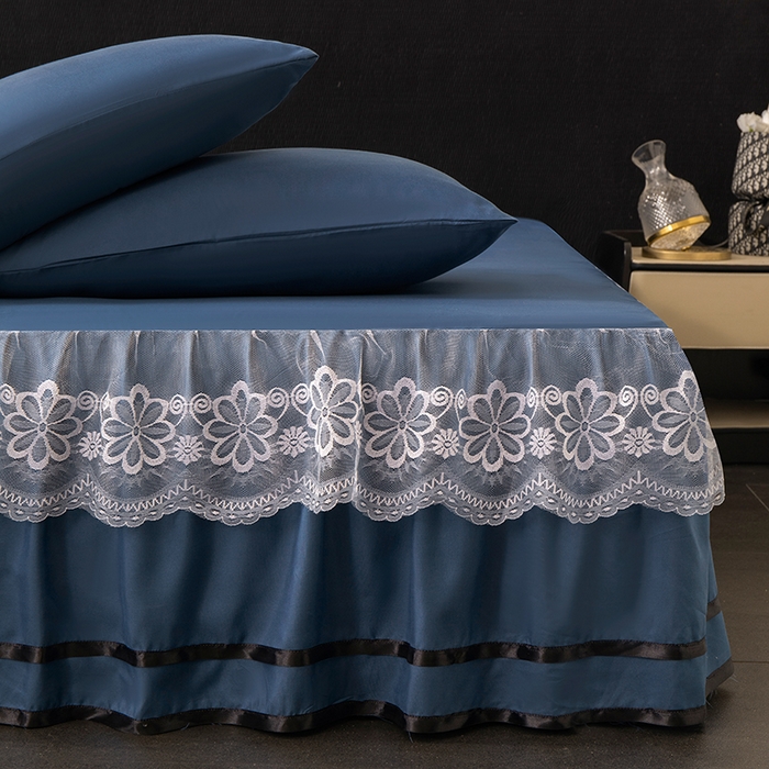 91家纺网 家纺一手货源 找家纺 米瑞娜 2026新款磨毛双层蕾丝花边床裙跨境全尺寸系列 宝蓝