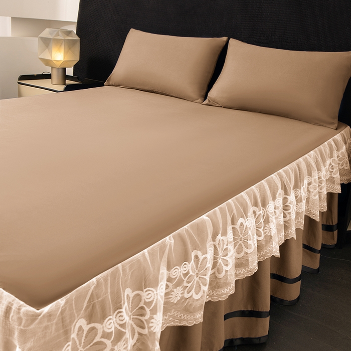 91家纺网 家纺一手货源 找家纺 米瑞娜 2026新款磨毛双层蕾丝花边床裙跨境全尺寸系列 卡其