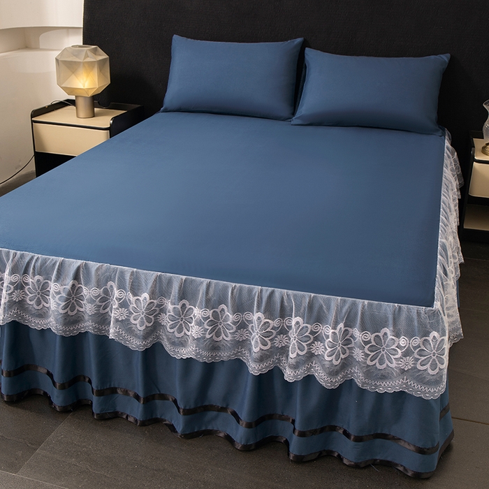 91家纺网 家纺一手货源 找家纺 米瑞娜 2026新款磨毛双层蕾丝花边床裙跨境全尺寸系列 宝蓝