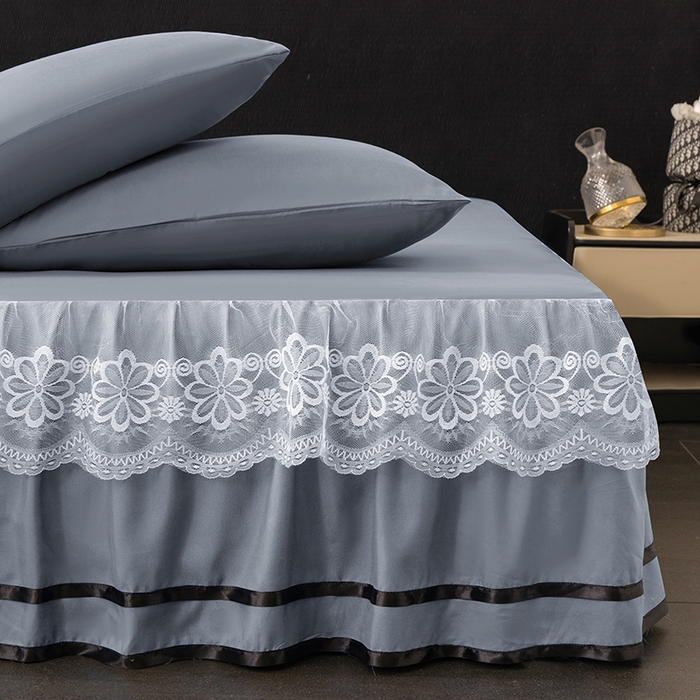 91家纺网 家纺一手货源 找家纺 米瑞娜 2026新款磨毛双层蕾丝花边床裙跨境全尺寸系列 银灰