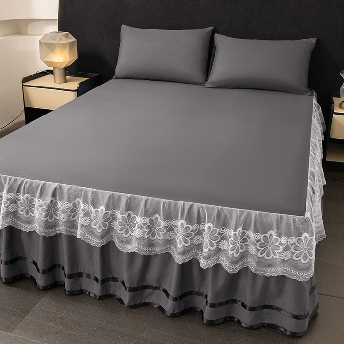 91家纺网 家纺一手货源 找家纺 米瑞娜 2026新款磨毛双层蕾丝花边床裙跨境全尺寸系列 深灰