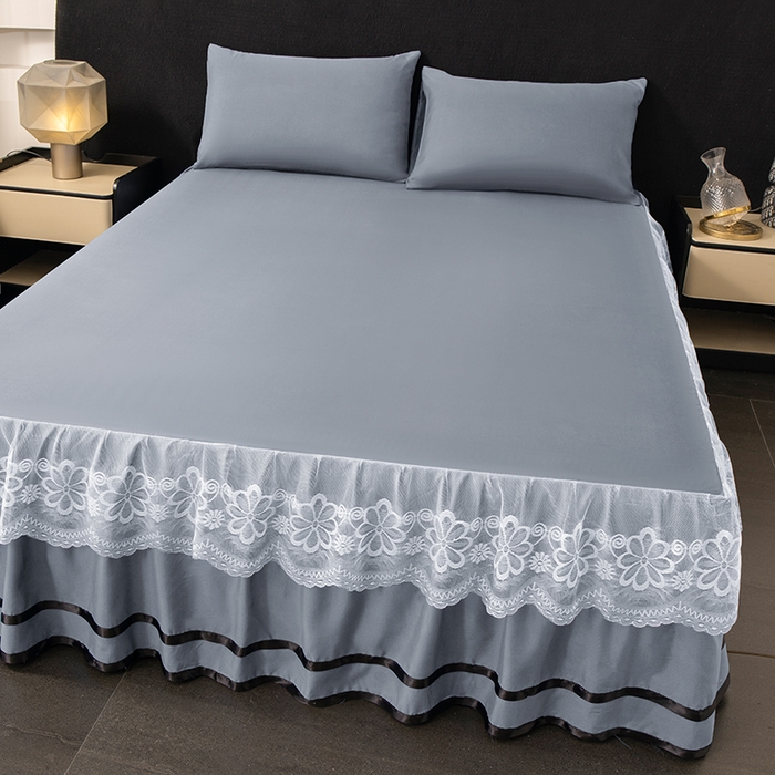 91家纺网 家纺一手货源 找家纺 米瑞娜 2026新款磨毛双层蕾丝花边床裙跨境全尺寸系列 银灰