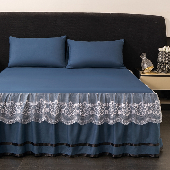 91家纺网 家纺一手货源 找家纺 米瑞娜 2026新款磨毛双层蕾丝花边床裙跨境全尺寸系列 宝蓝