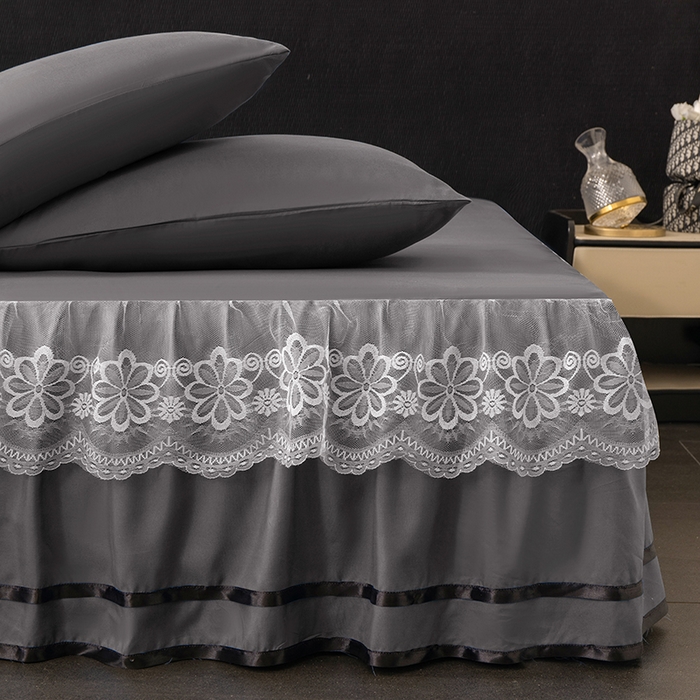 91家纺网 家纺一手货源 找家纺 米瑞娜 2026新款磨毛双层蕾丝花边床裙跨境全尺寸系列 深灰