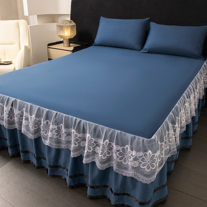 91家纺网 家纺一手货源 找家纺 米瑞娜 2026新款磨毛双层蕾丝花边床裙跨境全尺寸系列 宝蓝