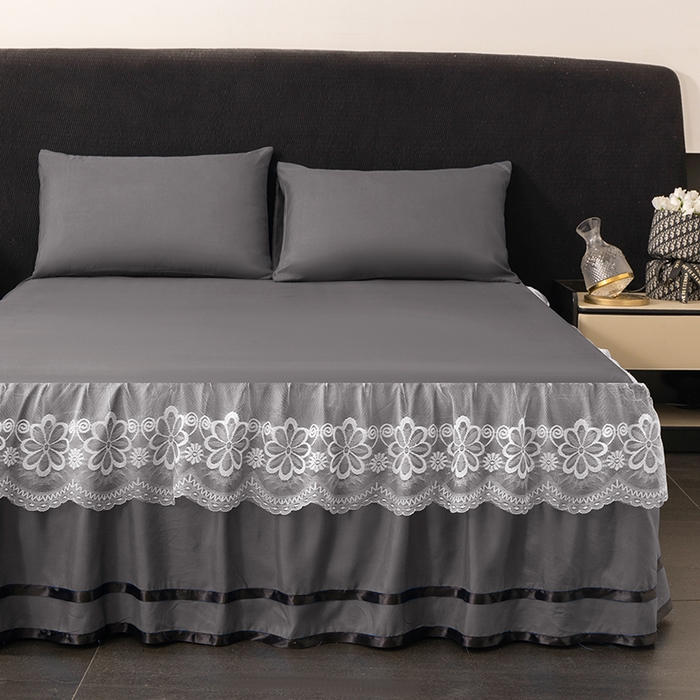 91家纺网 家纺一手货源 找家纺 米瑞娜 2026新款磨毛双层蕾丝花边床裙跨境全尺寸系列 深灰