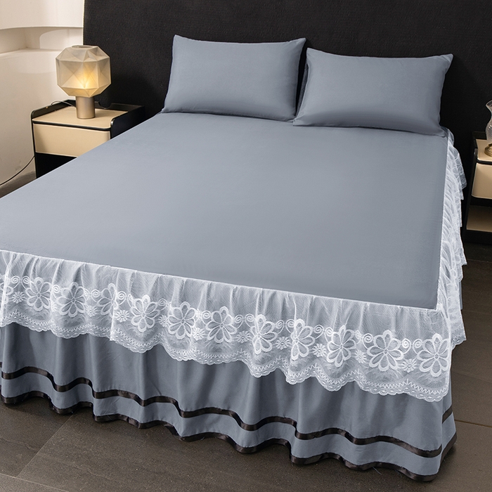 91家纺网 家纺一手货源 找家纺 米瑞娜 2026新款磨毛双层蕾丝花边床裙跨境全尺寸系列 银灰