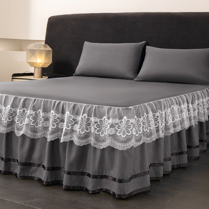 91家纺网 家纺一手货源 找家纺 米瑞娜 2026新款磨毛双层蕾丝花边床裙跨境全尺寸系列 深灰