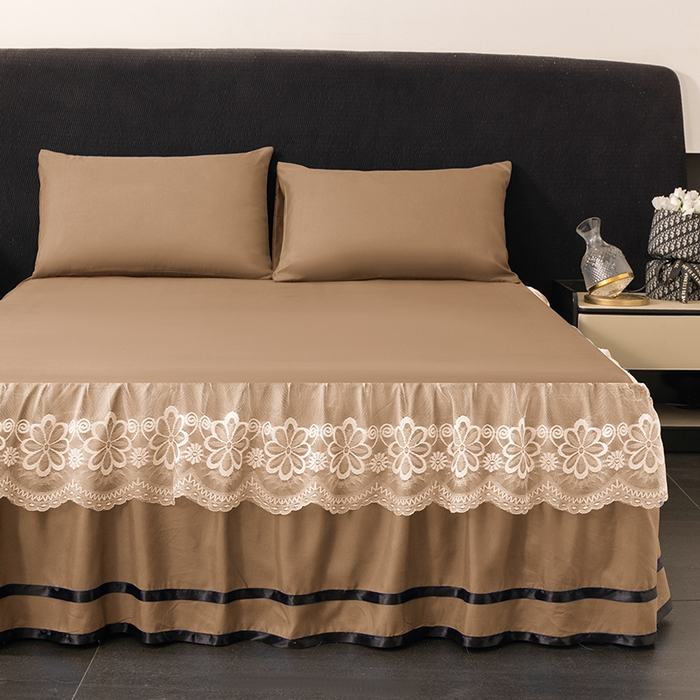 91家纺网 家纺一手货源 找家纺 米瑞娜 2026新款磨毛双层蕾丝花边床裙跨境全尺寸系列 卡其