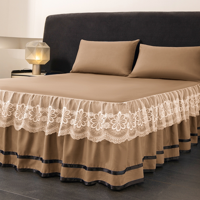 91家纺网 家纺一手货源 找家纺 米瑞娜 2026新款磨毛双层蕾丝花边床裙跨境全尺寸系列 卡其