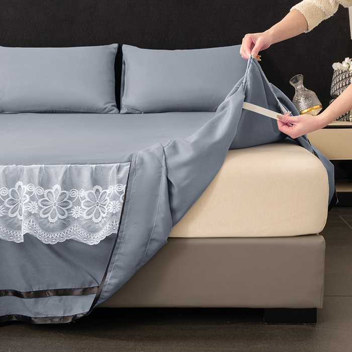 91家纺网 家纺一手货源 找家纺 米瑞娜 2026新款磨毛双层蕾丝花边床裙跨境全尺寸系列 银灰