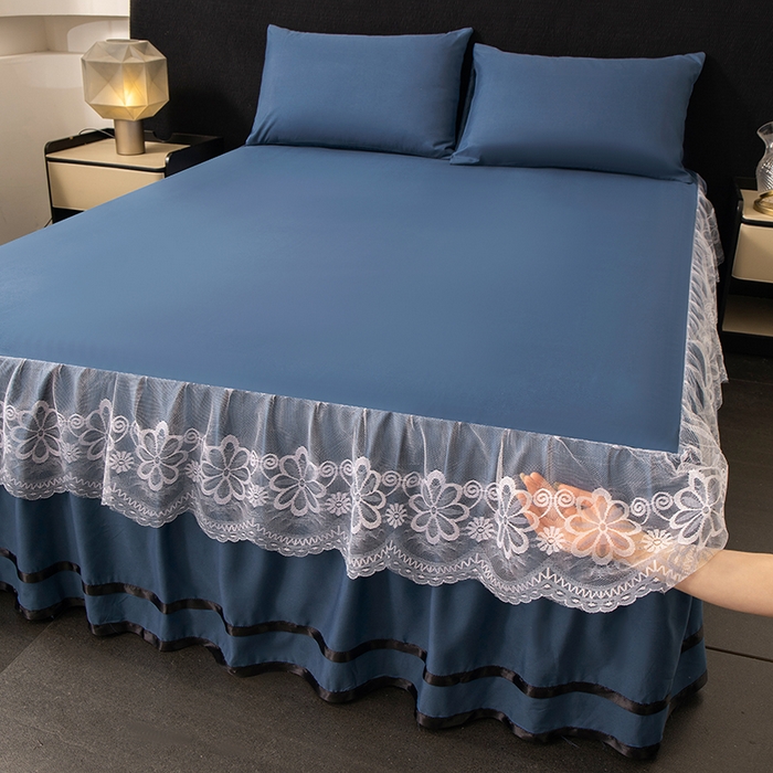 米瑞娜 2026新款磨毛双层蕾丝花边床裙跨境全尺寸系列 宝蓝