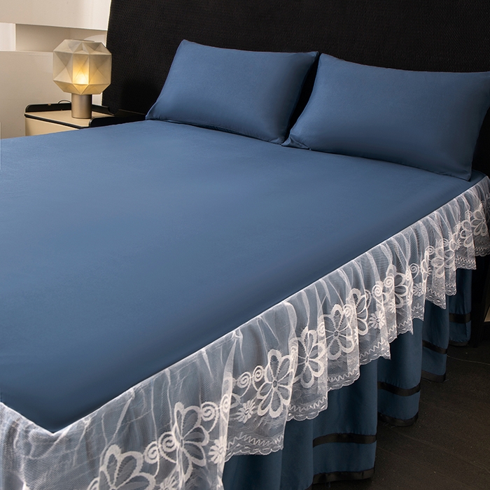 91家纺网 家纺一手货源 找家纺 米瑞娜 2026新款磨毛双层蕾丝花边床裙跨境全尺寸系列 宝蓝