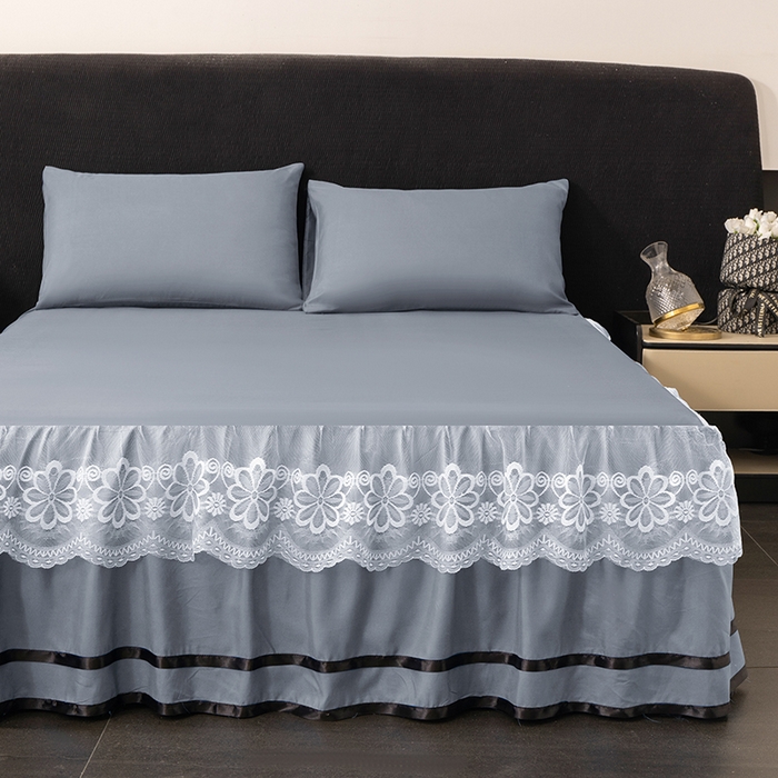 91家纺网 家纺一手货源 找家纺 米瑞娜 2026新款磨毛双层蕾丝花边床裙跨境全尺寸系列 银灰