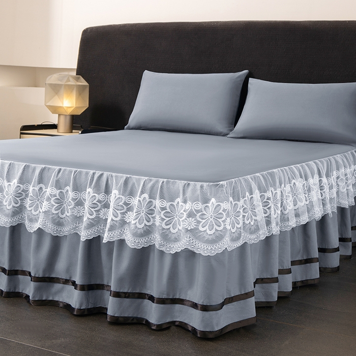 91家纺网 家纺一手货源 找家纺 米瑞娜 2026新款磨毛双层蕾丝花边床裙跨境全尺寸系列 银灰