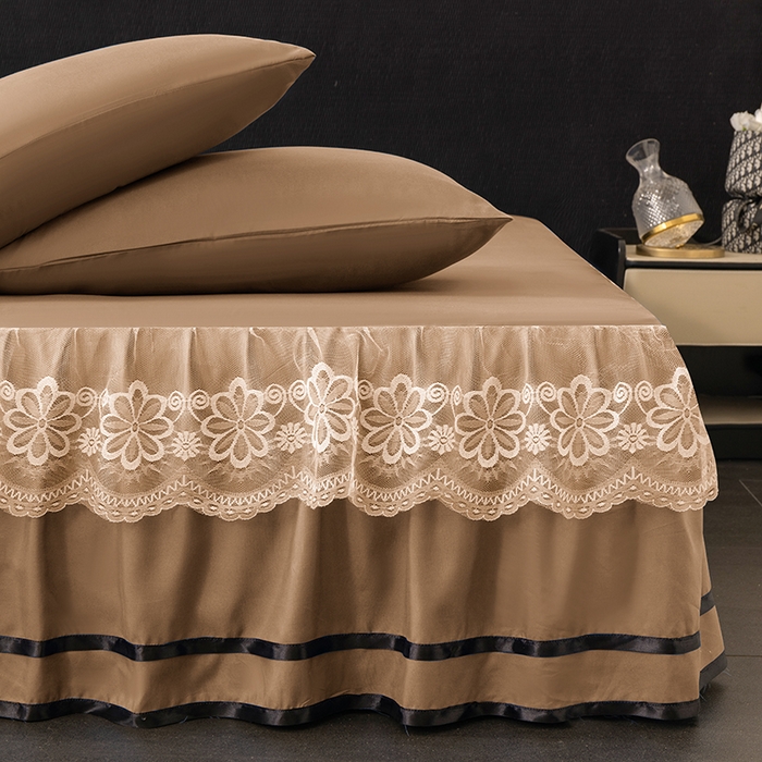 91家纺网 家纺一手货源 找家纺 米瑞娜 2026新款磨毛双层蕾丝花边床裙跨境全尺寸系列 卡其