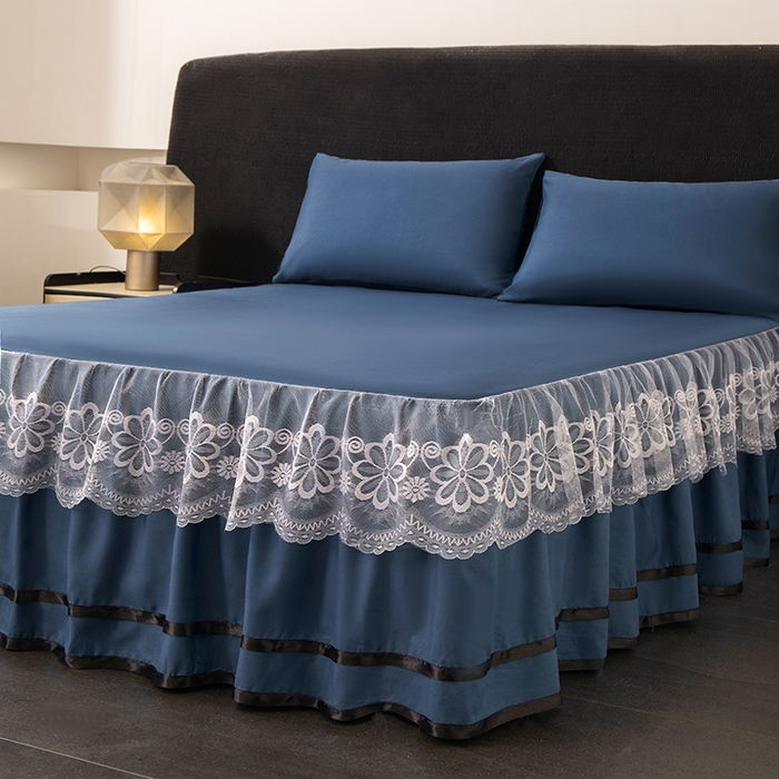 91家纺网 家纺一手货源 找家纺 米瑞娜 2026新款磨毛双层蕾丝花边床裙跨境全尺寸系列 宝蓝