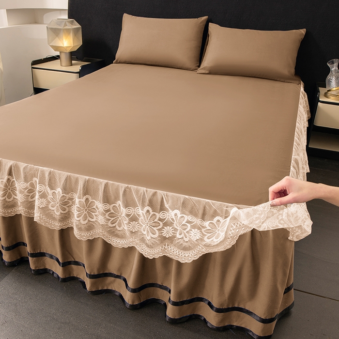 91家纺网 家纺一手货源 找家纺 米瑞娜 2026新款磨毛双层蕾丝花边床裙跨境全尺寸系列 卡其