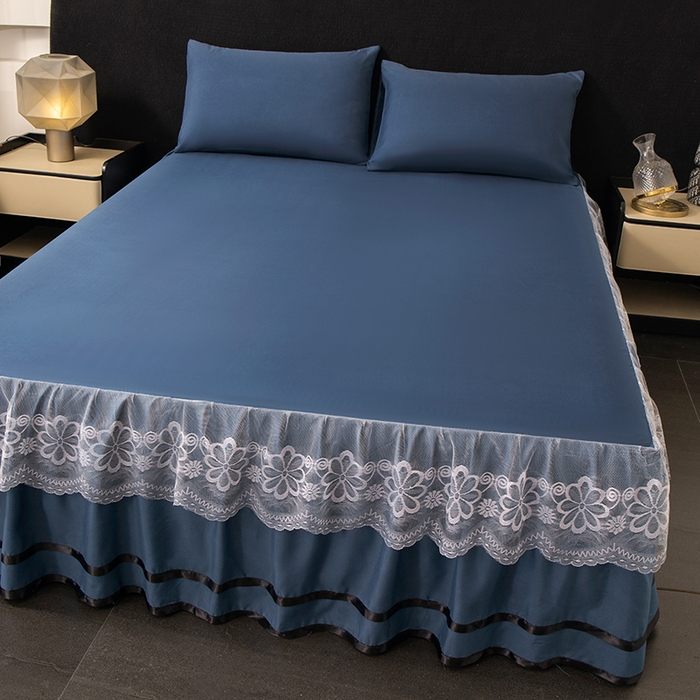 91家纺网 家纺一手货源 找家纺 米瑞娜 2026新款磨毛双层蕾丝花边床裙跨境全尺寸系列 宝蓝