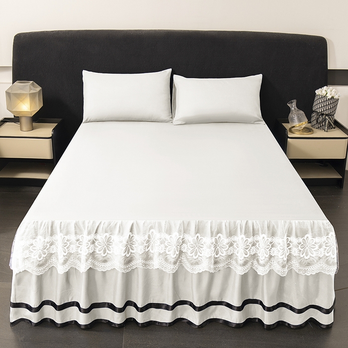 91家纺网 家纺一手货源 找家纺 米瑞娜 2026新款磨毛双层蕾丝花边床裙跨境全尺寸系列 白色