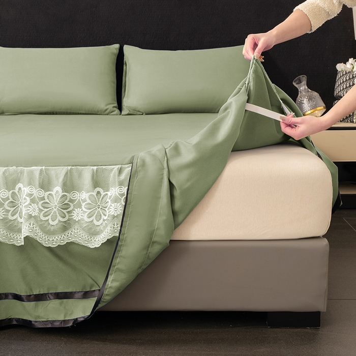 91家纺网 家纺一手货源 找家纺 米瑞娜 2026新款磨毛双层蕾丝花边床裙跨境全尺寸系列 果绿