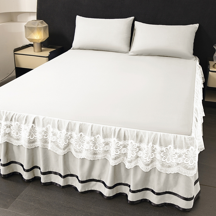 91家纺网 家纺一手货源 找家纺 米瑞娜 2026新款磨毛双层蕾丝花边床裙跨境全尺寸系列 白色