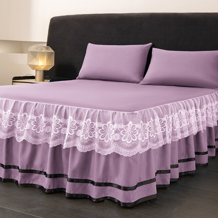 91家纺网 家纺一手货源 找家纺 米瑞娜 2026新款磨毛双层蕾丝花边床裙跨境全尺寸系列 薇紫