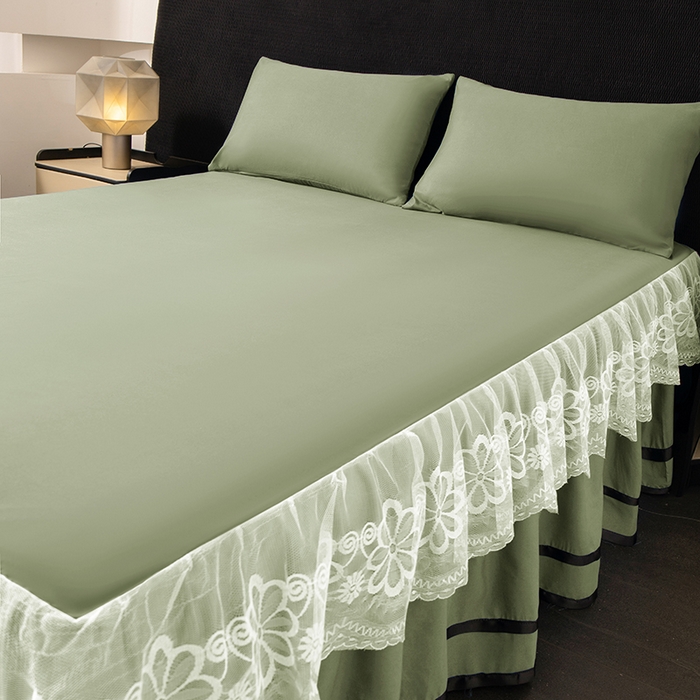 91家纺网 家纺一手货源 找家纺 米瑞娜 2026新款磨毛双层蕾丝花边床裙跨境全尺寸系列 果绿