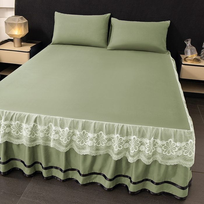 91家纺网 家纺一手货源 找家纺 米瑞娜 2026新款磨毛双层蕾丝花边床裙跨境全尺寸系列 果绿