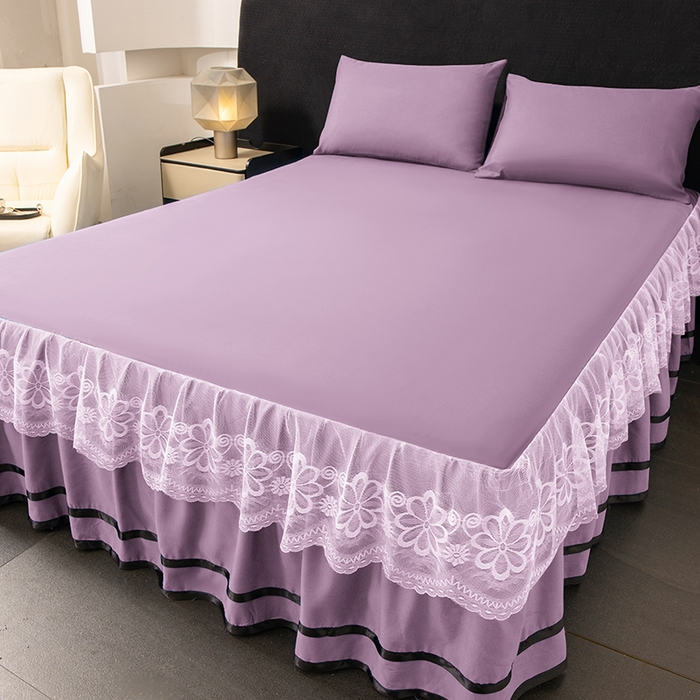 91家纺网 家纺一手货源 找家纺 米瑞娜 2026新款磨毛双层蕾丝花边床裙跨境全尺寸系列 薇紫